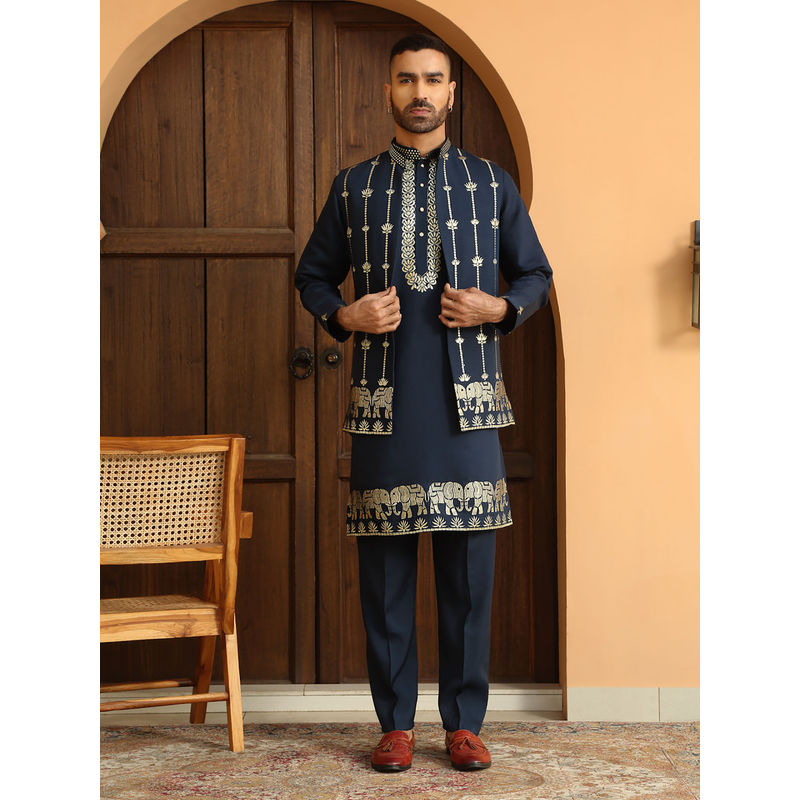 KRAFT INDIA LUXE Zari Embroidered Navy Blue Kurta With Trouser and Nehru Jacket (Set of 3) (36)