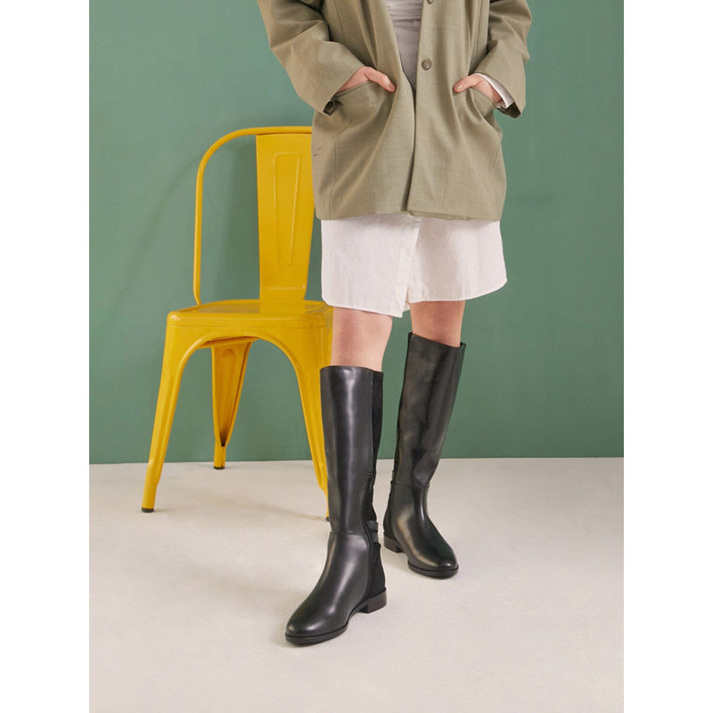 Saint G Women Black Stretch Suede Leather Knee High Boots (EURO 36) (EURO 36)