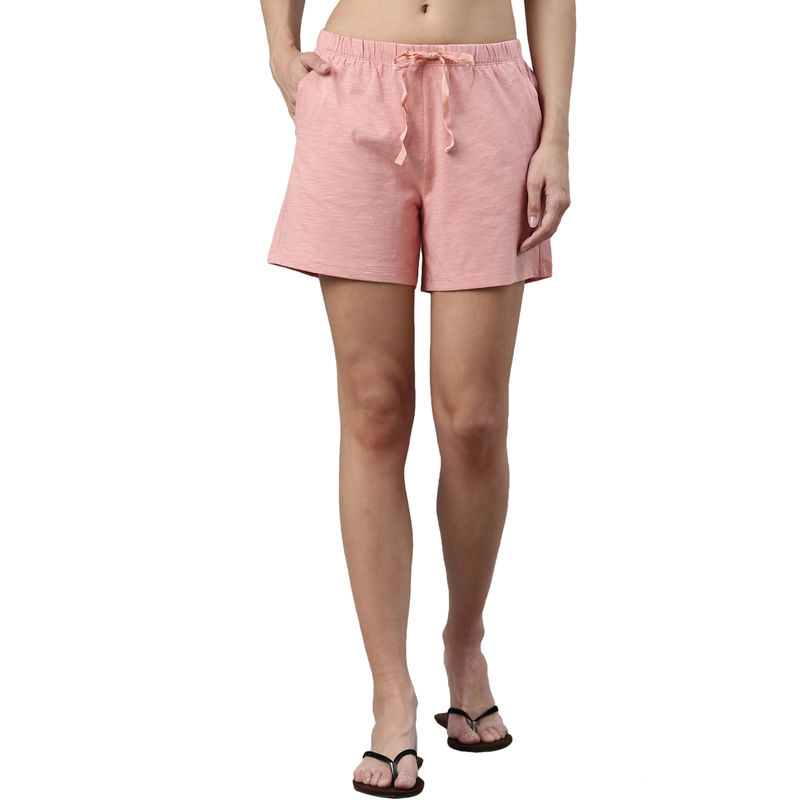 Enamor Essentials Womens E062-Mid Rise Relaxed Fit Thigh Length Jersey Shorts-Rouge - Pink (M)