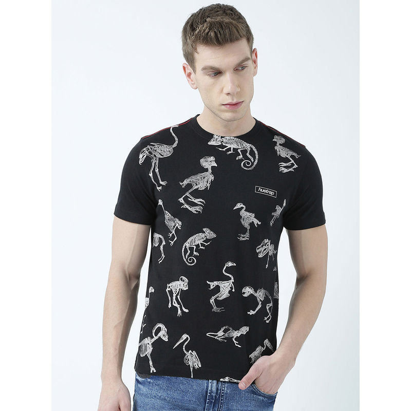 Huetrap Mens Printed Round Neck Black T-Shirt (L)