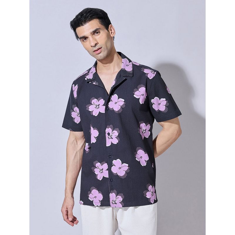SHOWOFF Floral Print Black Cuban Collar Shirt (S)