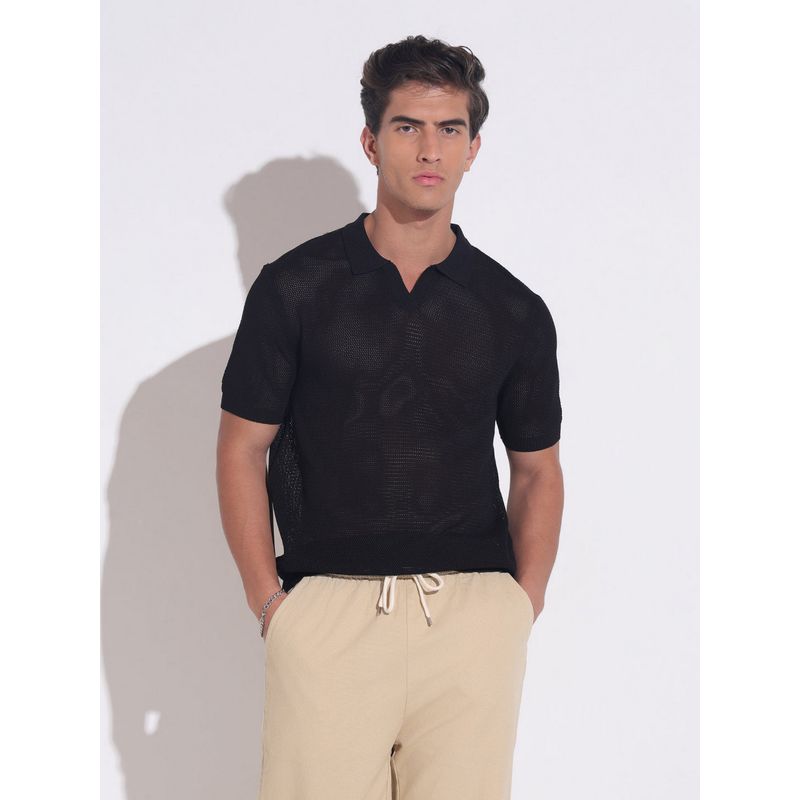 SHOWOFF Black Sheer Short Sleeves Polo T-Shirt (S)