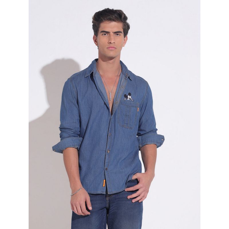 SHOWOFF Embroidering Detailing Indigo Denim Shirt (S)