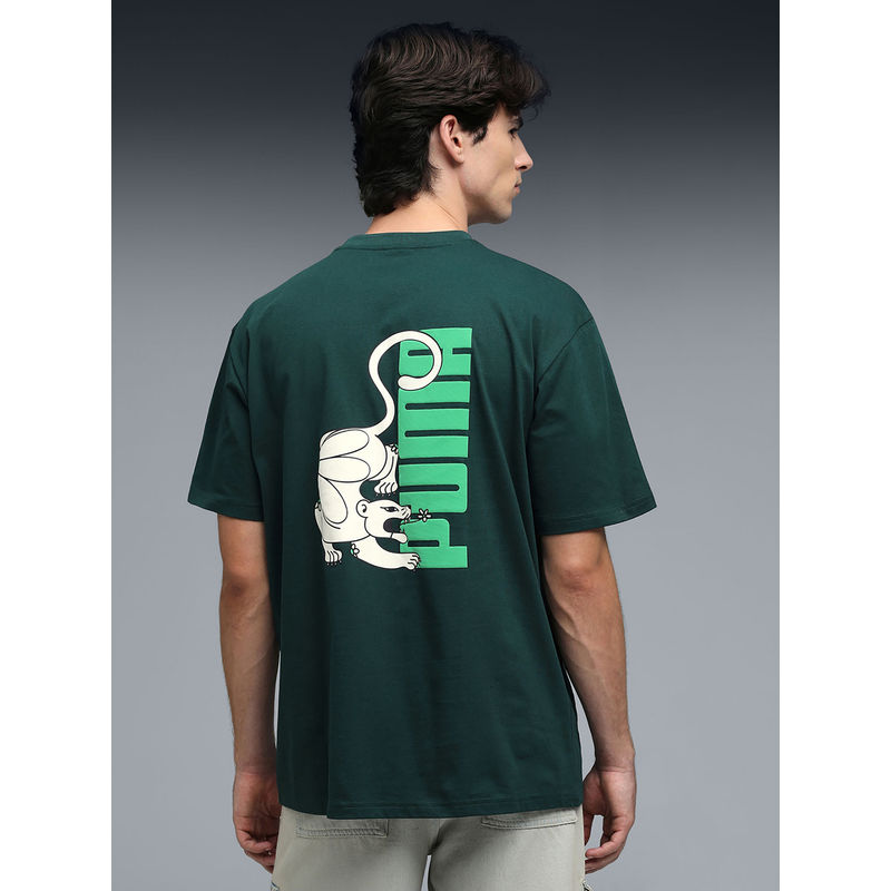 Puma Graphic Back Print Men Green Relaxed Fit T-Shirt (S)