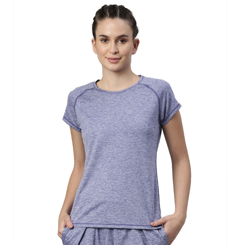 Enamor Athleisure Womens E089-Short Sleeve Scoop Neck Slim Active Graphic Tee - Blue (L)