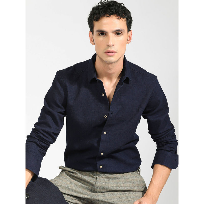 Rare Rabbit Bantry Blue Self Design Shirt (S)