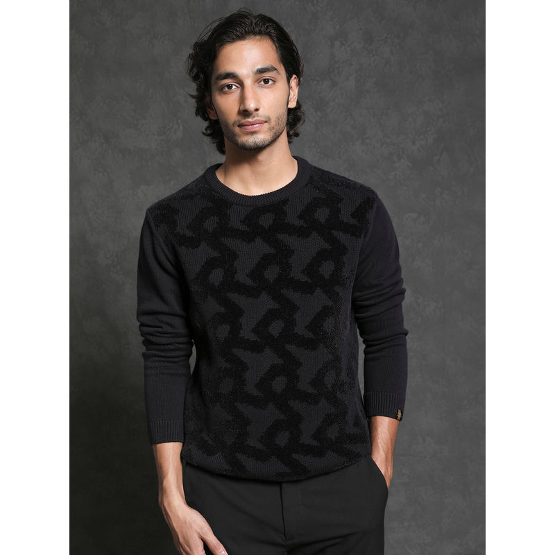 Rare Rabbit Fink Black Typography Printed Sweater (S)