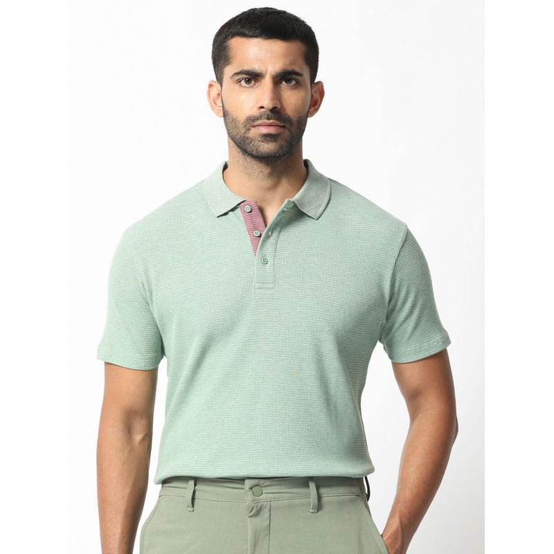 Rare Rabbit Mello Dusky Green Self Design Polo T-Shirt (S)