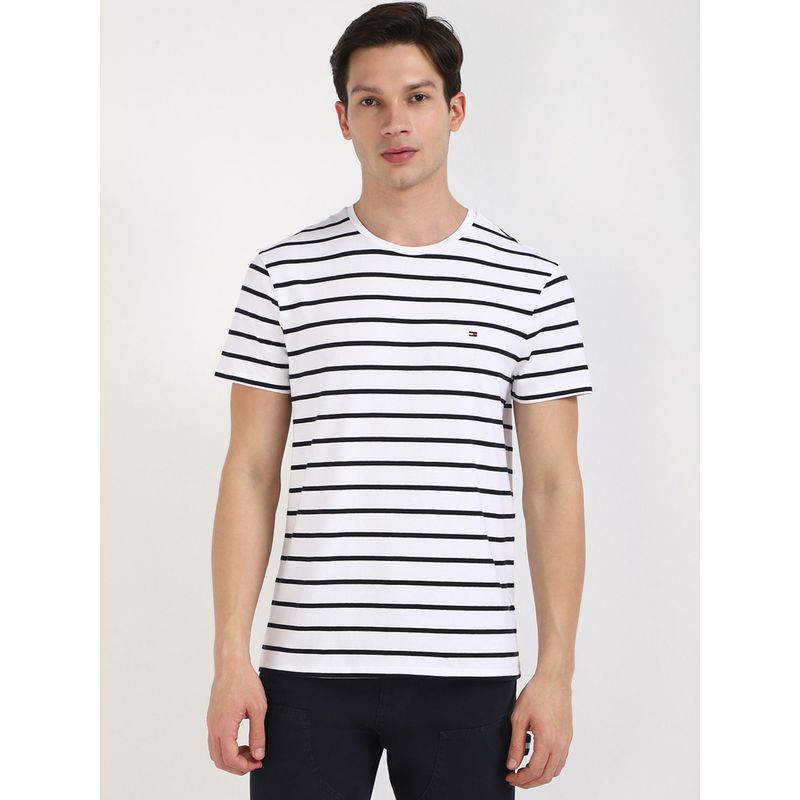 Tommy Hilfiger Men White Stripes Casual T-Shirt (2XL)
