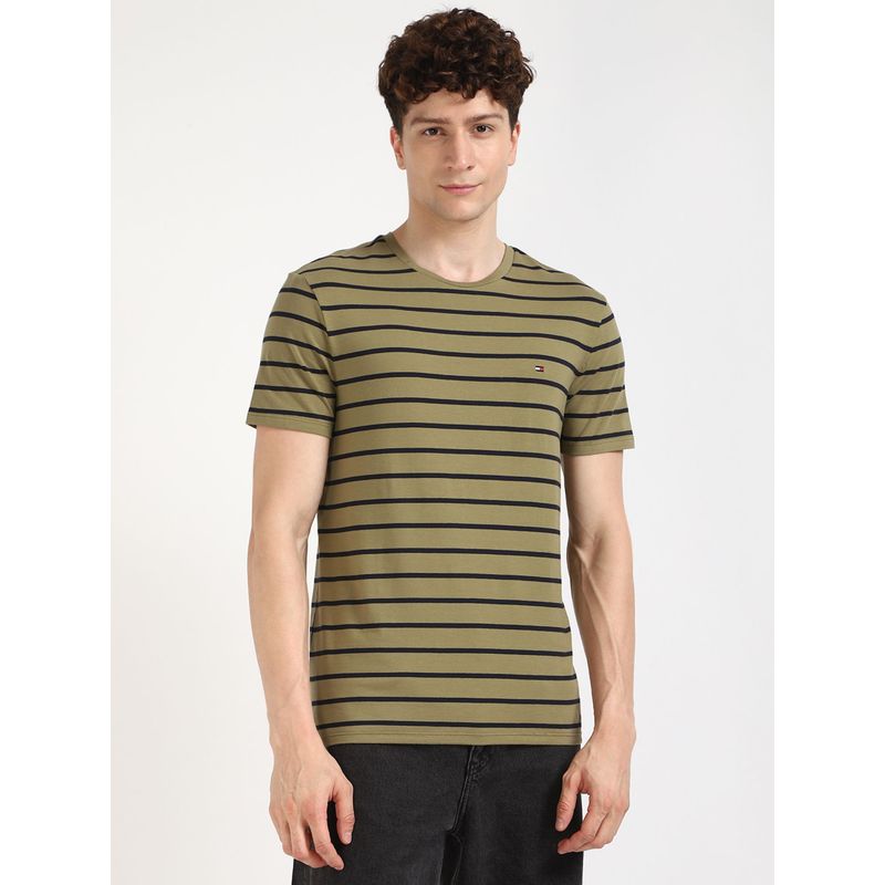 Tommy Hilfiger Men Olive Stripes Casual T-Shirt (2XL)