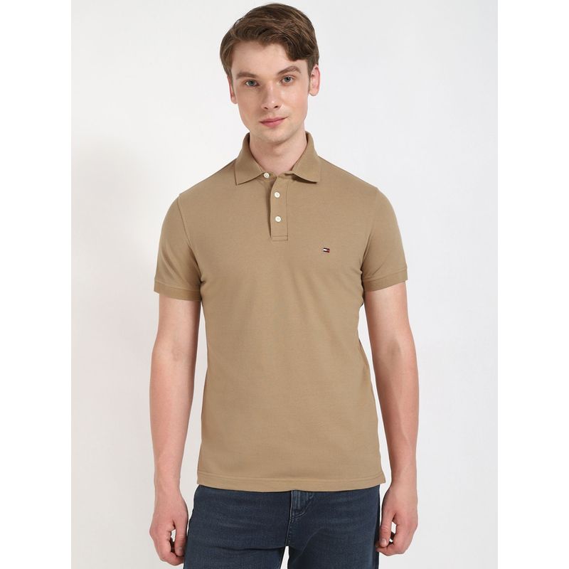 Tommy Hilfiger Men Beige Solid Casual Polo T-Shirt (S)