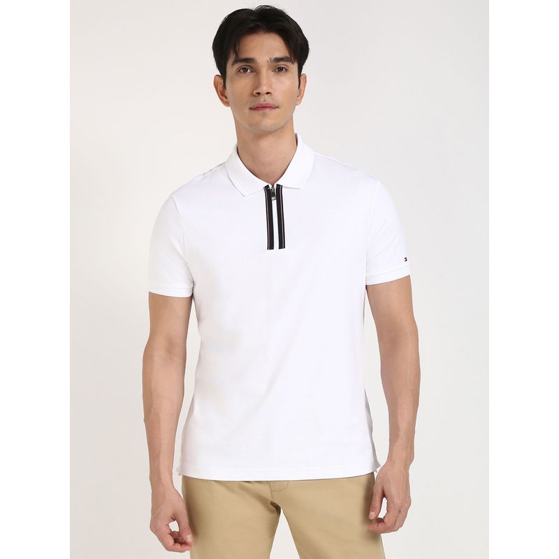 Tommy Hilfiger Men White Solid Zipper Polo T-Shirt (L)