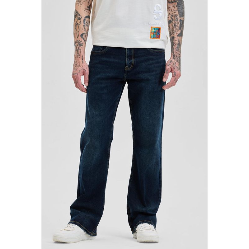 Snitch Mens Navy Blue Plain Bootcut Casual Jeans (32)
