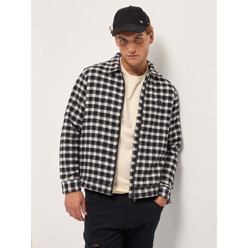 THE BEAR HOUSE Men's Regular Fit Black Checked Cotton Jacket (L)