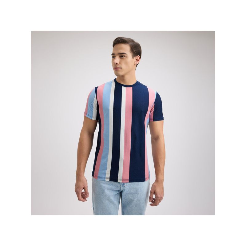 Pepe Jeans Men Blue and White/Pink Vertical Stripe Short Sleeve T-shirt (M)