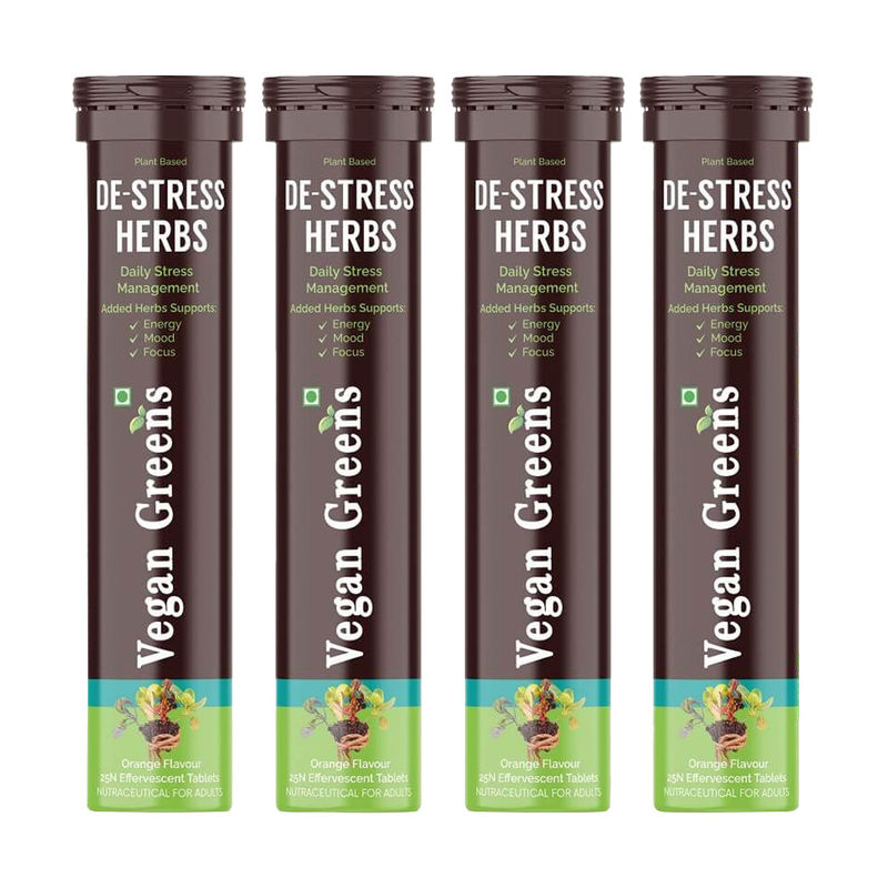 Vegan Greens Plant Based De-Stress Herbs Effervescent Tablets - Orange (Pack of 4)