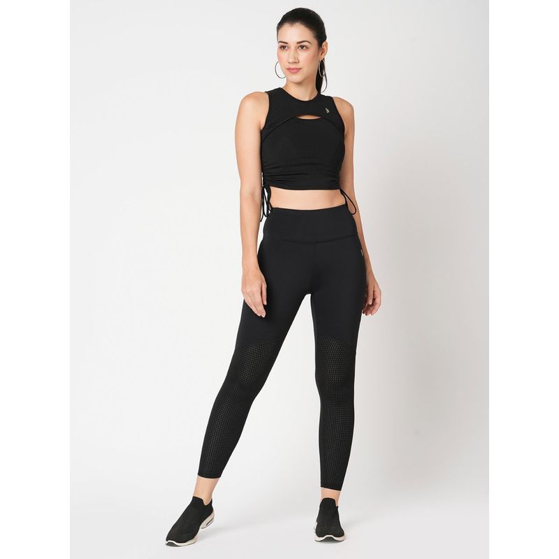 BODD ACTIVE Black Mesh Rouched Sports Bra with Tights (Set of 2) (XS)