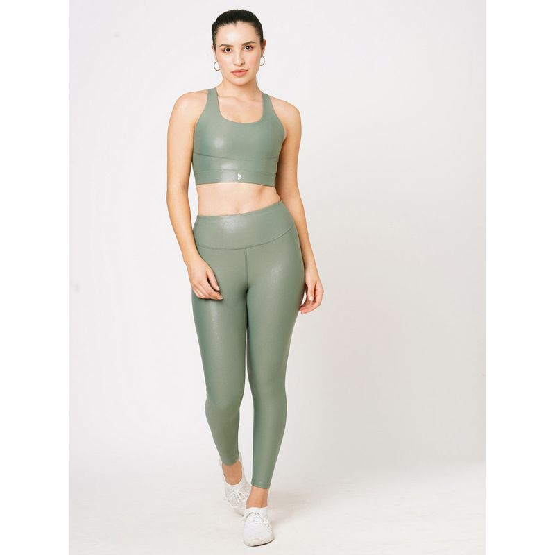 BODD ACTIVE Jade Green Glossy Sports Bra with Tights (Set of 2) (XS)