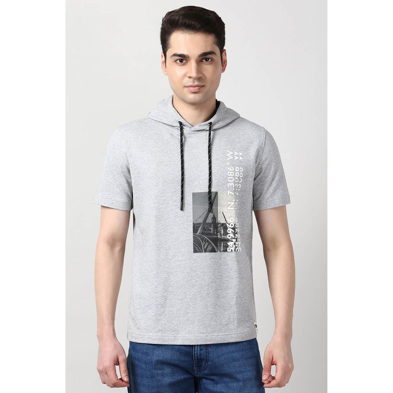 Peter England Men Grey Graphic Printed Hoodie (M)