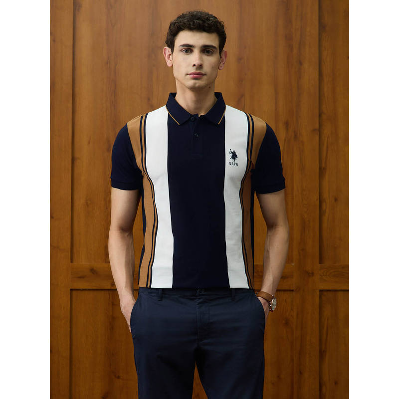 U.S. POLO ASSN. Men Navy Blue Colourblock Polo T-Shirt (S)
