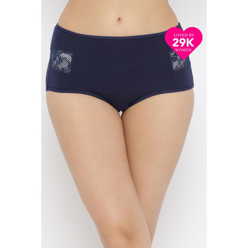 Clovia Cotton High Waist Hipster Panty with Lace Inserts In Blue Navy (L)