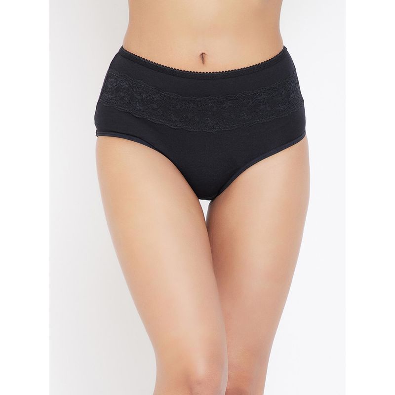 Clovia Cotton High Waist Hipster Panty with Lace Insert In Black (M)