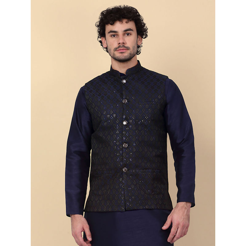 Kraft India Men Navy Blue Embroidered Sequins Jacquard Nehru Jacket (S)