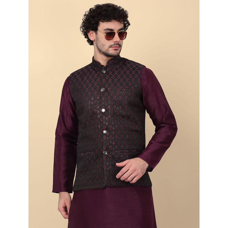 Kraft India Men Purple Embroidered Sequins Jacquard Nehru Jacket (M)