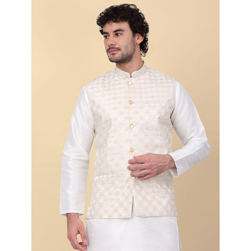Kraft India Men White Sequins Silk Jacquard Nehru Jacket (M)
