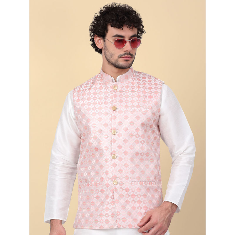 Kraft India Men Pink Sequins Silk Jacquard Nehru Jacket (XL)