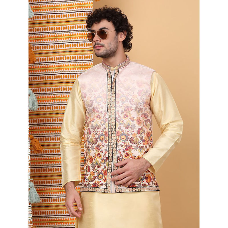 KRAFT INDIA LUXE Men Silk Blend White Floral Printed Nehru Jacket (S)