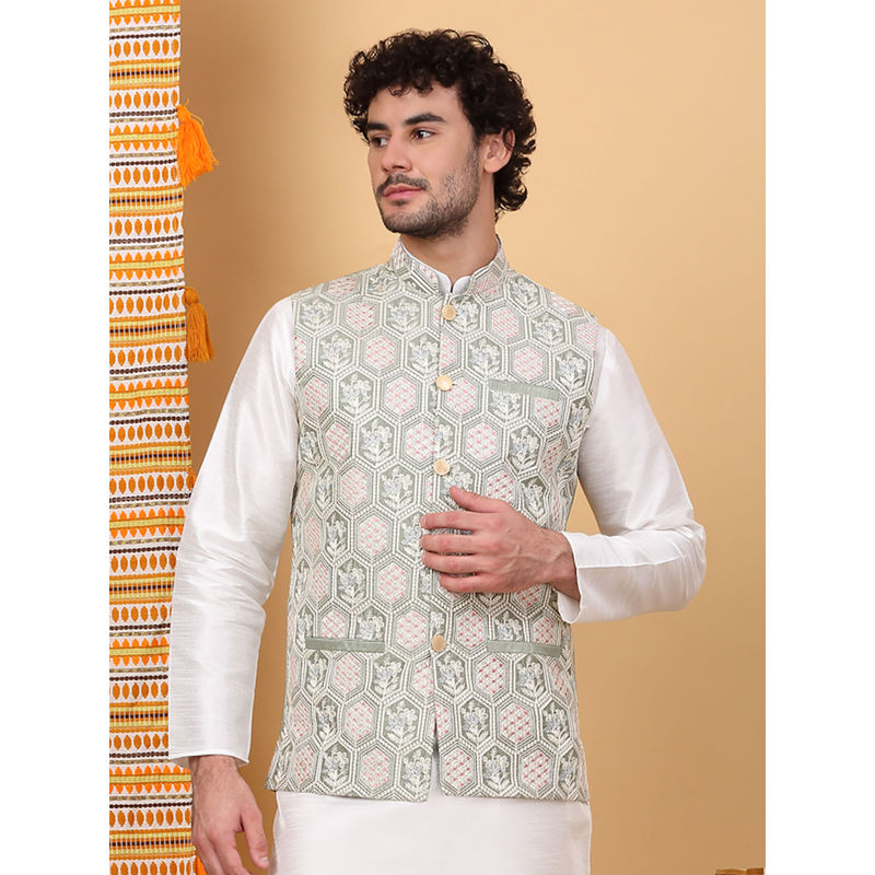 KRAFT INDIA LUXE Men Silk Blend Grey Embroidered Nehru Jacket (S)
