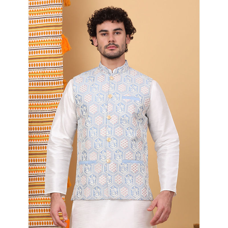 KRAFT INDIA LUXE Men Silk Blend Sky Blue Embroidered Nehru Jacket (L)