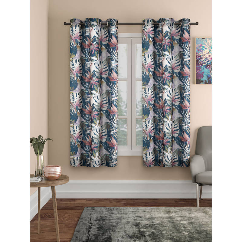 ROSARAHOME Blue Floral Regular Curtains (5 Feet)