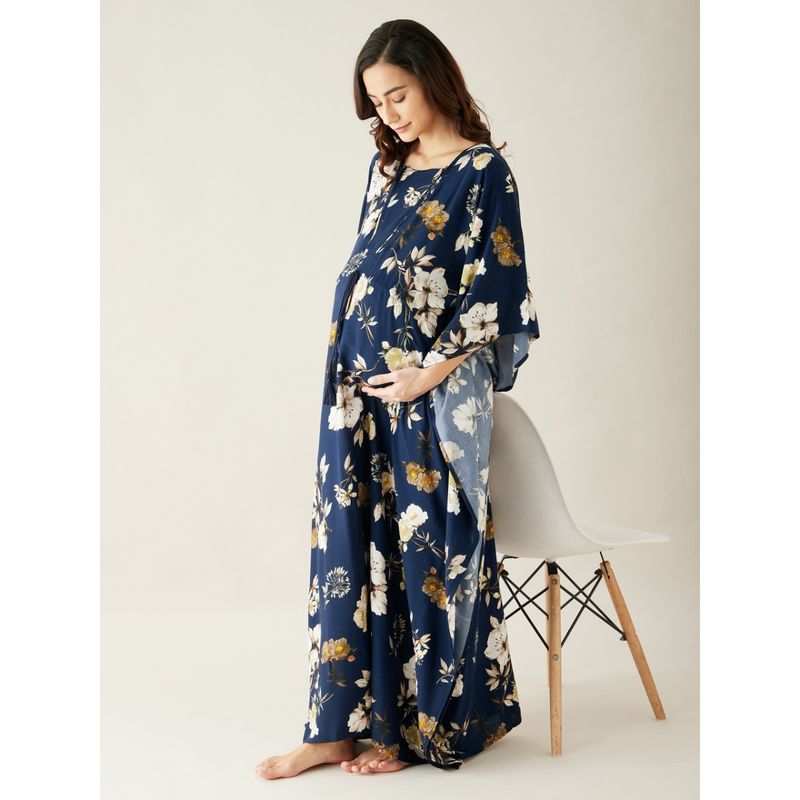 The Kaftan Company Navy Blue Floral Printed Maternity Kaftan Night