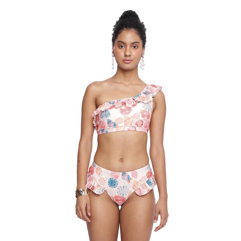 La Intimo Tinkara One Shoulder Frill Tankini Bikini Top With Shorts (XS)