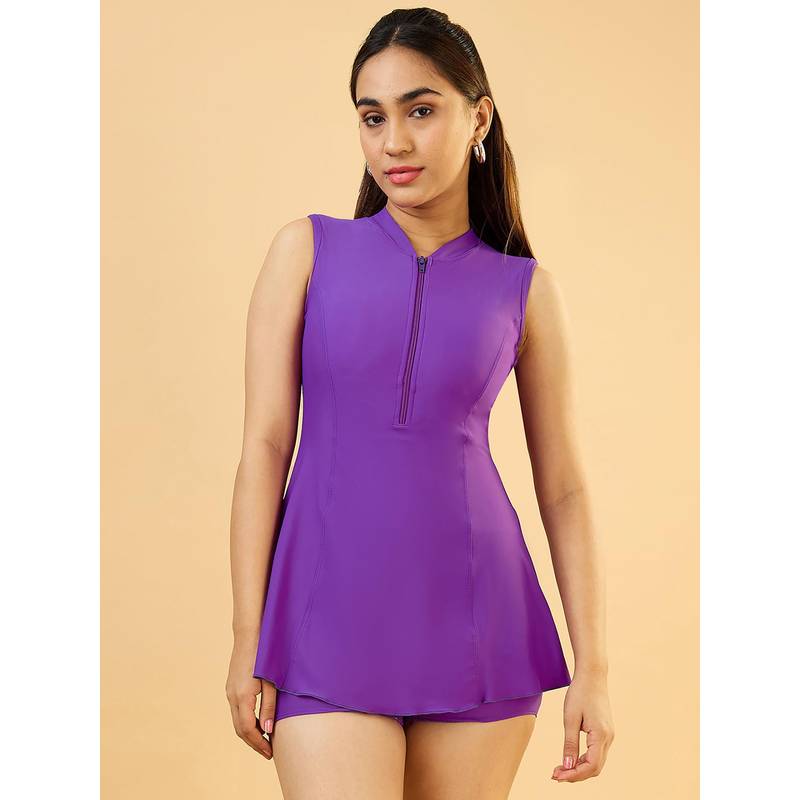 LYCOT Womens Solid Purple Swimdress With Attached Shorts (XL)