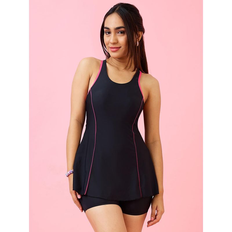 LYCOT Womens Sea Mermaid Racerback Black Swimdress With Attached Shorts (S)