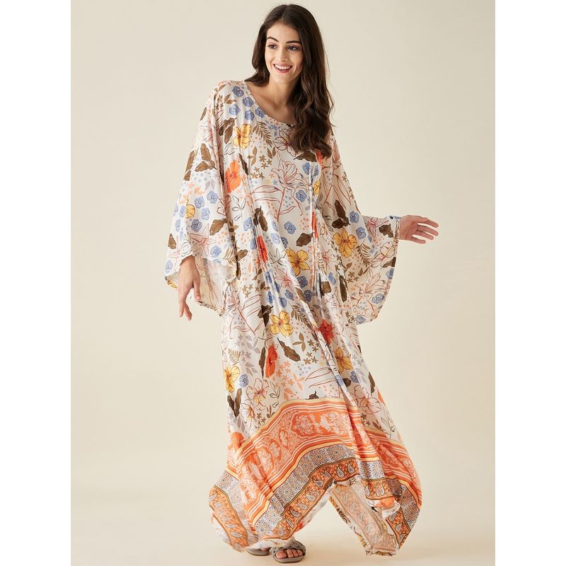 The Kaftan Company White Flora And Fauna Printed Loungedress (L)