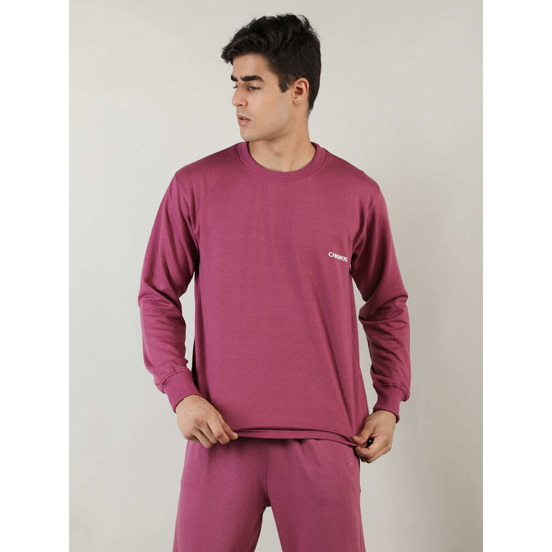 Chkokko Men Purple Terry Cotton Loose Fit Full Sleeves Sweatshirt (S)
