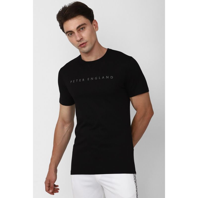 Peter England Men Black Printed Crew Neck T-Shirt (2XL)