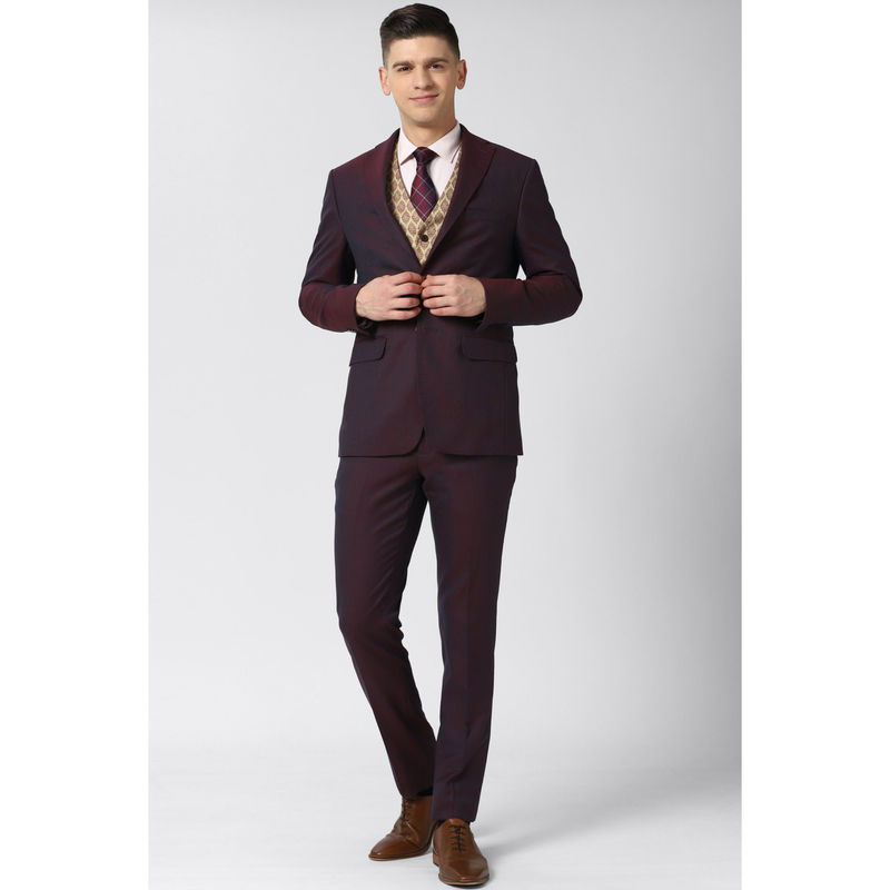 Peter England Men Maroon Textured Slim Fit Wedding Suit (Set of 3) (38)