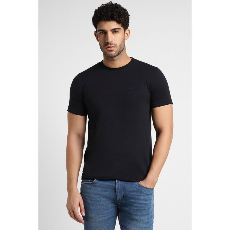 Peter England Men Black Solid Crew Neck T-Shirt (M)