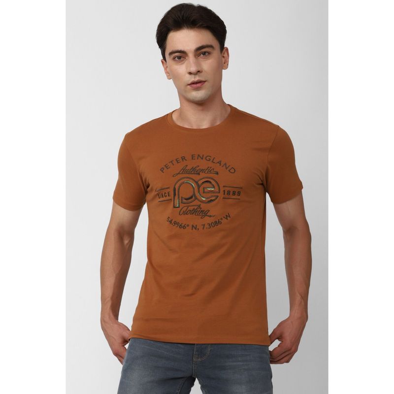 Peter England Men Brown Crew Neck T-Shirt (XL)