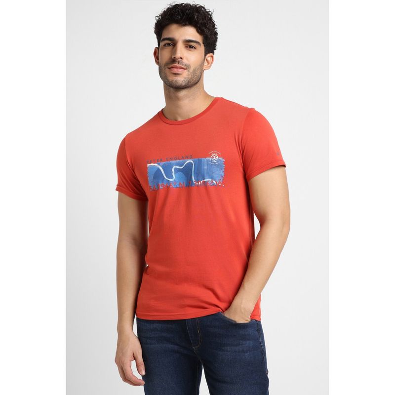 Peter England Men Red Graphic Print Crew Neck T-Shirt (M)