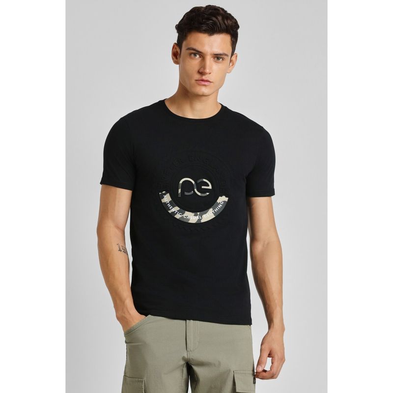 Peter England Men Black Graphic Print Crew Neck T-Shirt (S)