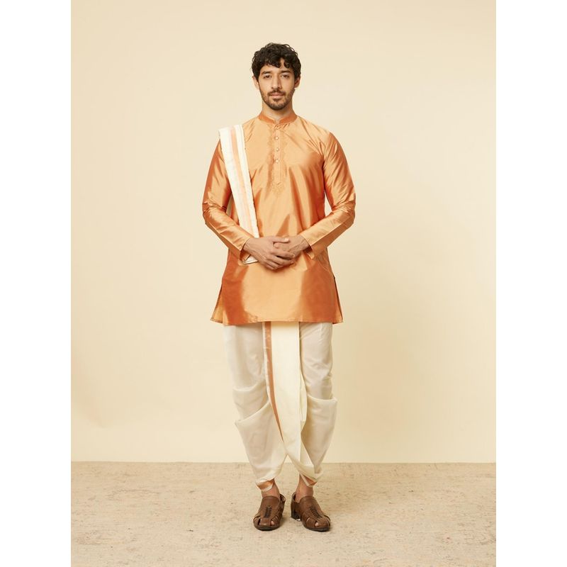 Manyavar Men Beige Art Silk Kurta with Dhoti and Dupatta (S)