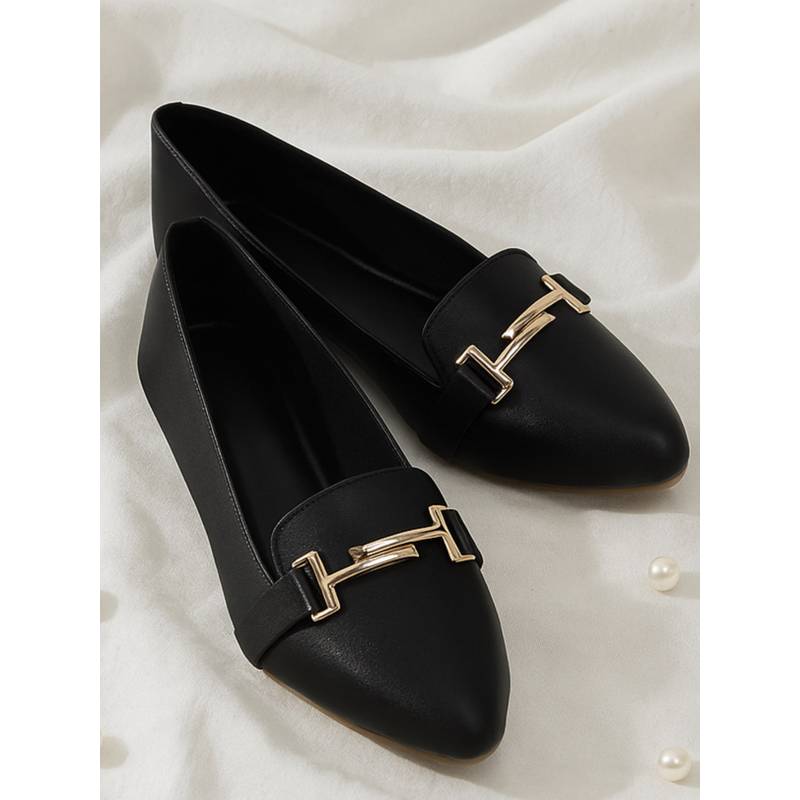 YASSIO Women Satin Black Ballerina With Golden Buckle (EURO 36)