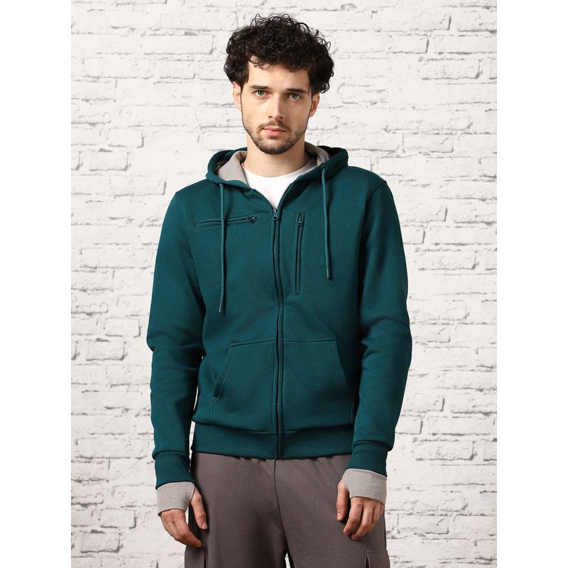 Nobero Men's Travel Cotton Multiple Pockets Zipper Teal Hoodie (M)