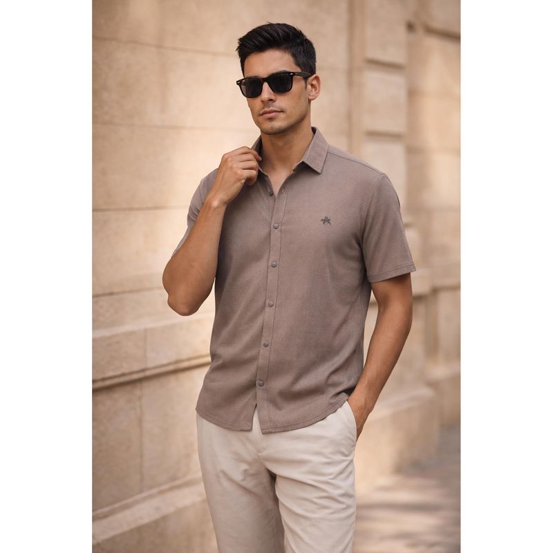 Parcel Yard Men's Casual Plain Half Sleeve Regular Fit Cotton Taupe Shirt (M)